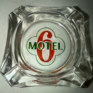 MOTEL 6  Vintage Clear Glass Orange Green Graphics Advertising Ashtray
